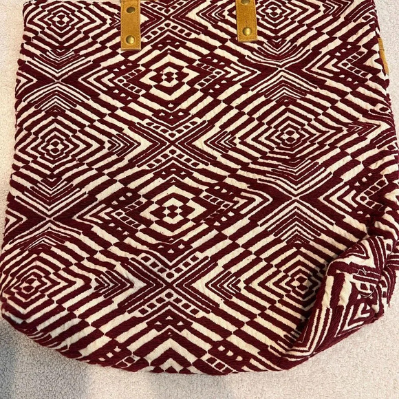 Boho Tote Bag Maroon Woven Ethnic Pockets Geometric Shoulder Leather Straps - Picture 6 of 14